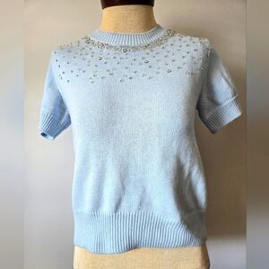 ZARA Light Blue Beaded Short Sleeve Sweater. Size Small